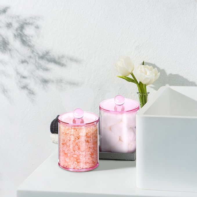 6 Pcs Acrylic Qtip Holder, Cotton Ball Holder Jars with Lids, Pink | Apothecary Jars for Cotton Swabs, Balls, Pads and Floss Picks, Bathroom Vanity Organizer