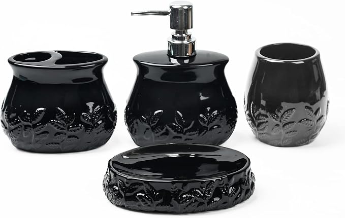 Ceramic Embossed Leaves Bathroom Accessories Set, 4 Piece Bathroom Ensemble Set with Toothbrush Holder, Toothbrush Cup, Soap Dispenser, Soap Dish(Black)