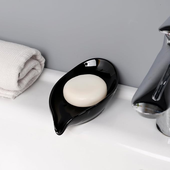 Soap Dish, Self Draining Soap Holder, Leaf Shape Ceramic Bar Soap Holder Drain Soap Dishes for Bathroom Sink Kitchen, Easy to Clean, Keeps Soap Dry, Black, ANTIS'S HOME