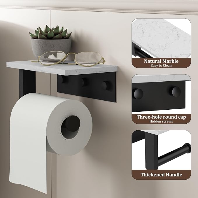 BWE Matte Black Toilet Paper Holder with Marble Shelf, Toilet Paper Roll Holder Wall Mounted, Toilet Paper Roll Holder with Phone Shelf 304 Stainless Steel Tissue Holder for Bathroom Washroom
