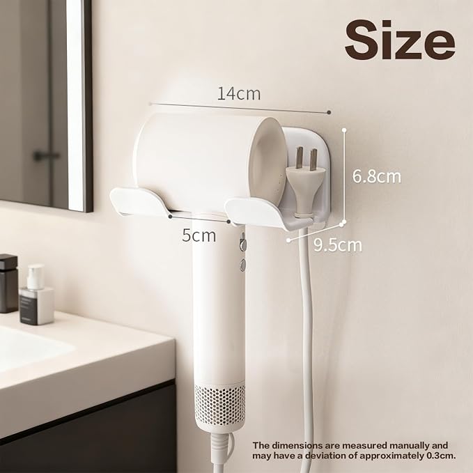 Universal Hair Dryer Holder Wall Mount -2PCS Adhesive Blow Dryer Holder With Plug Slot Organizer Hanger for Bathroom Cabinet Storage, Fits Most Hair Dryers, White