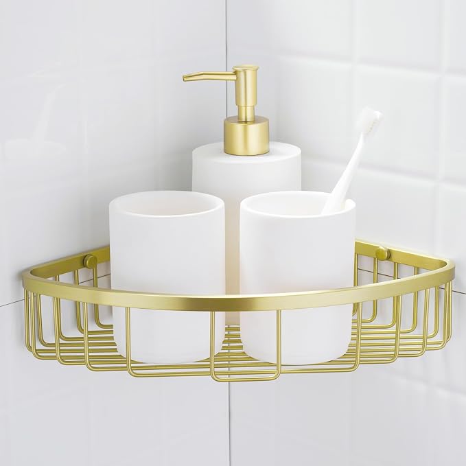 304 Stainless Steel Shower Caddy Corner Basket Shelf Bathroom Organizer Wall Mounted Storage, Brushed Gold Brass Finish Heavy Duty