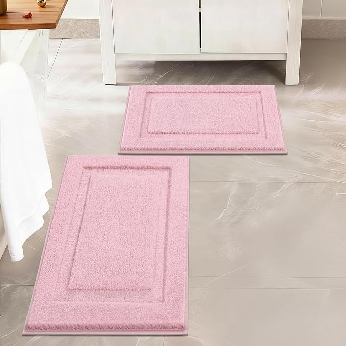 SHACOS Soft Microfiber Bathroom Rugs Set of 2 Pieces, Pink | 32x20 + 24x16, Absorbent Plush Bath Rugs, Non Slip Washable Shaggy Bath Mats, Fluffy Bathroom Runner Floor Mats Shower Rug