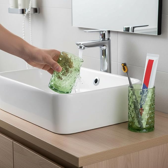 Bathroom Toothbrush Holder Set, 11oz Green Glass Toothbrush Holder and Bathroom Tumbler Cup Set, Decorative Countertop Storage Cups Organizer for Toothpaste, Brushes