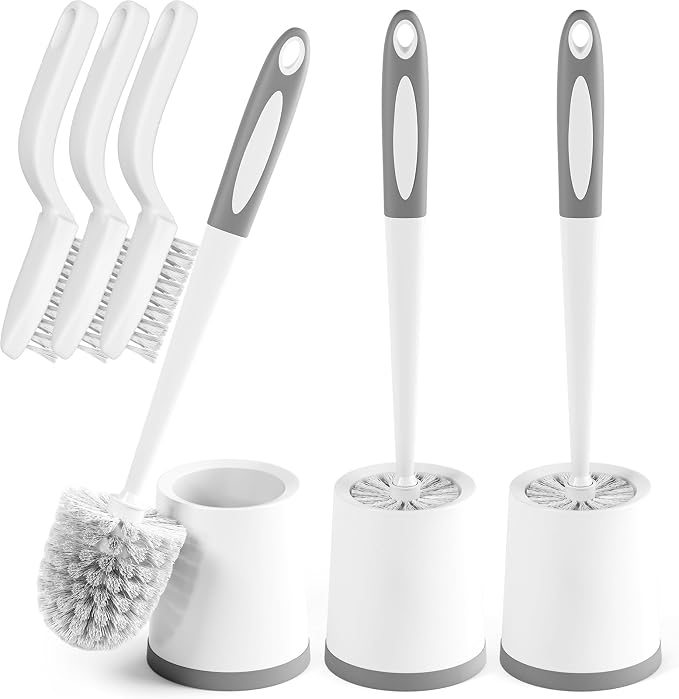 Holaloha Toilet Brush and Holder Set, 3 Pack, White | Bathroom Accessories, Ergonomic Silicone Handle, Dense Bristles, Deep Cleaning, with 3 Crevice Brushes, Scrubber
