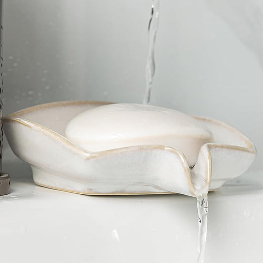 Soap Dishes, Ceramic Shower Soap Dish with Waterfall Design Bar Soap Holder Self Draining Soap Saver for Shower, Bathroom, Sink, Kitchen and Countertop, Beige White
