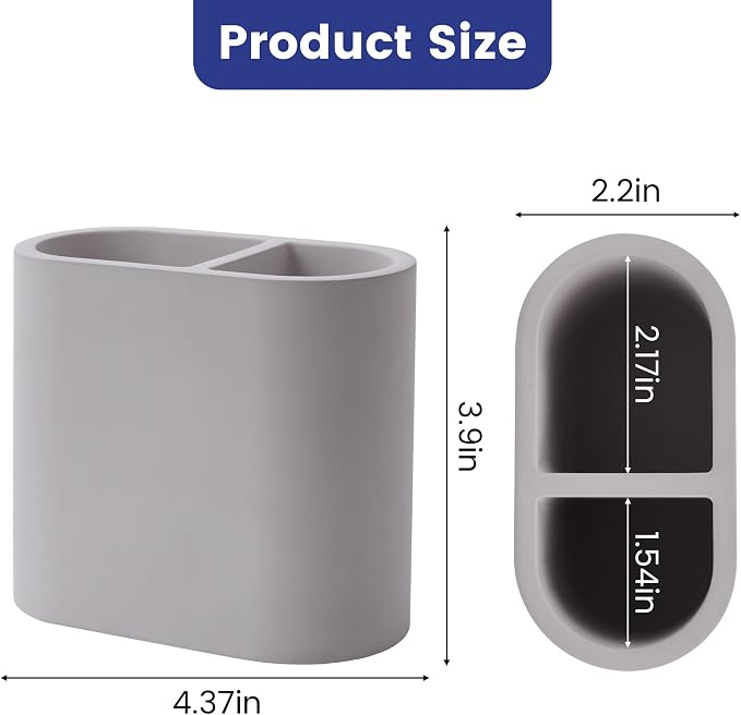 Diatomite Toothbrush Holder for Bathroom Counter, 2-Slot Toothpaste Organizer, Quick Drying Stand for Electric Brush, Grey, 4.37 x 3.9 in