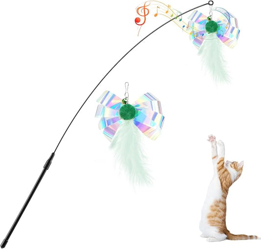 Pawaboo Cat Feather Wand Interactive Toy, 2 Feathers + 1 Wand with Bell | Cat Feather Teaser Toys Flying Catcher Extra Long 34.5" Wand Exerciser Playing Chase Cat Toy Wands for Kitten,Green Butterfly