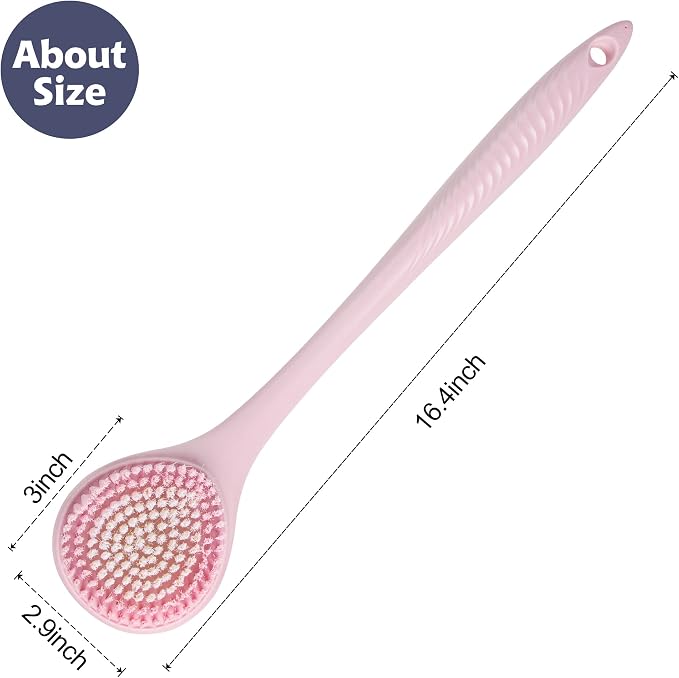 BEDELITE Back Scrubber for Shower, Long Handle 16.4 Inches, Pink, 1 Pack | Soft Back Brush for Shower, Exfoliating Scrubber, Non-Slip Curved Long Handle Bath Brush, Wet or Dry Use for Back Cleaning