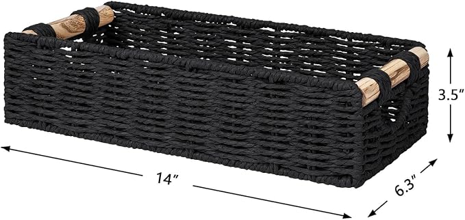 CubesLand Back of Toilet Storage Basket for Organizing w/Cut Out Handle, Handwoven Toilet Tank Top Paper Baskets, Wicker Decorative Basket for Countertop, Home Decor, Living Room, Nursery, Black