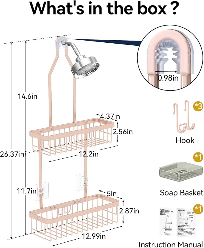 YASONIC Never Rust Shower Caddy Hanging, Aluminum Shower Racks for Inside Shower, 2-Tier Shower Organizer Hanging Over Shower Head with Hooks and Soap Holder, Rose Gold