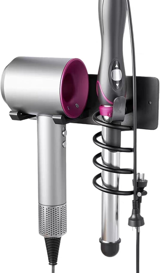 2-in-1 Wall Mount Hair Tool Organizer Hair Dryer Holder, Black | Universal storage rack for blow dryer and curling iron in bathroom