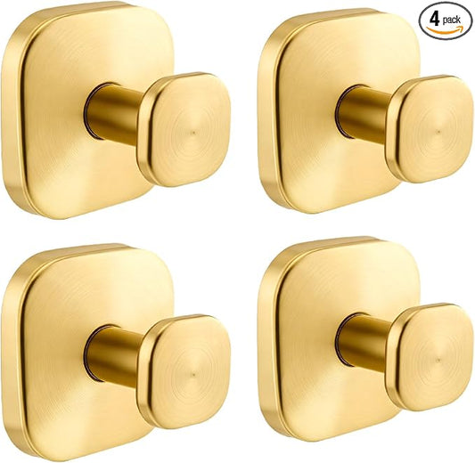 Suction Cup Hooks for Shower, Stainless Steel Bathroom Suction Hooks No Drilling, Brushed Gold Heavy Duty Shower Hooks for Towel Robe Loofah, Glass Door Tile Mirror, 4 Pack Golden