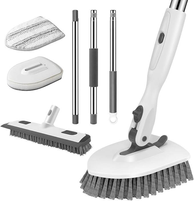 SetSail 4-in-1 Tile Tub Floor Scrubber with Floor Scrub Brush, White Grey | with 3 Detachable Replacement Brush Head, Multi-Angle Cleaning Locks at 45°, 90°, 180° for Bathroom Kitchen Walls Tub Tile