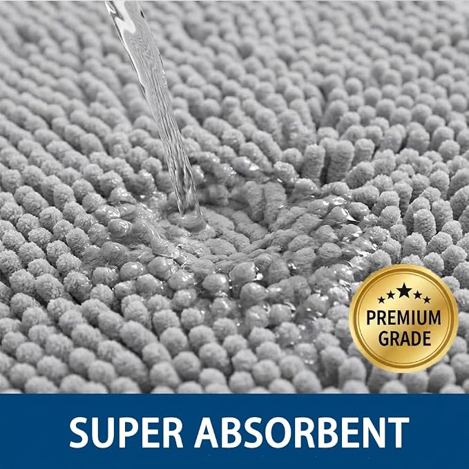Bathroom Rugs Sets 2 Piece,Super Absorbent Chenille Bath Mats and U-Shaped Toilet Rug,Strong PVC Non Slip Backing,Microfiber Washable Dry Quickly Bath Mats for Bathroom(20"x32"+20"x20"U, Light Grey)