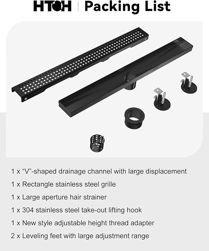 Linear Shower Drain, 42 Inch Black Shower Drain with Removable Square Hole Cover Grate, Modern 304 Stainless Steel Matte Black Shower Floor Drain with Adjustable Feet,Hair Filter