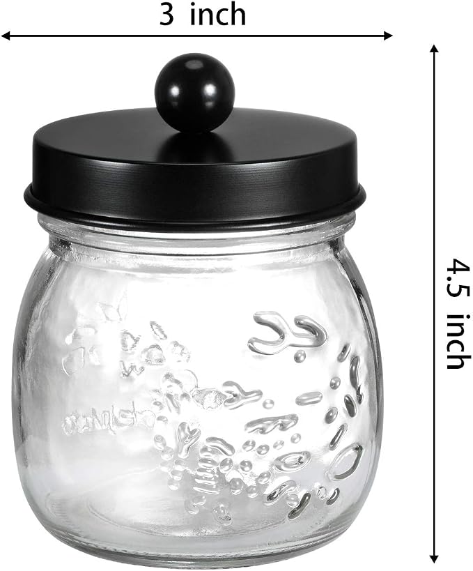 SheeChung Small Glass Mason Jar Qtip Holder with Black Stainless Steel Lid | Clear Apothecary Jar Canisters Set,Bathroom Jar Dispenser,Vanity Storage Organizer for Cotton Swab,Ball,Floss,Farmhouse Decor