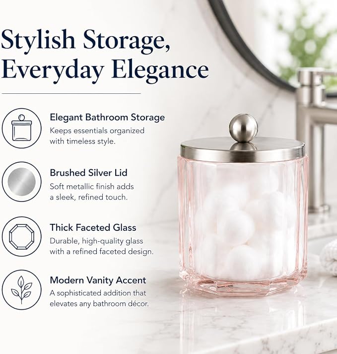 Blush Translucent Apothecary Octagional Shaped Glass Canister Jar With Metal Lid Cover for Bathroom Organization, Cotton Balls, Q Tips, and Small Accessories, Bathroom Storage