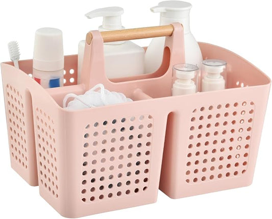 Portable Shower Caddy Basket with Wood Handle, 3-Compartment Bathroom Organizer Tote with Drain Holes, Plastic Shower Basket for Dorm, Toiletries, Cleaning Supplies, Pink