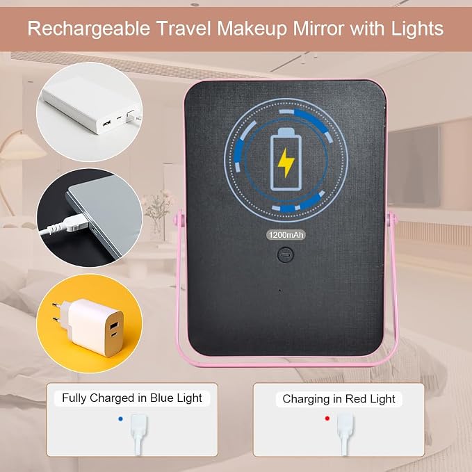 YEKKOPT Pink Rechargeable Vanity Mirror with Lights, 10"×7" LED Makeup Mirror with Lights, Smart Touch Control Dimmable 3 Modes Light, Lighted Up Mirror for Makeup Desk, Bedroom, Dressing Room