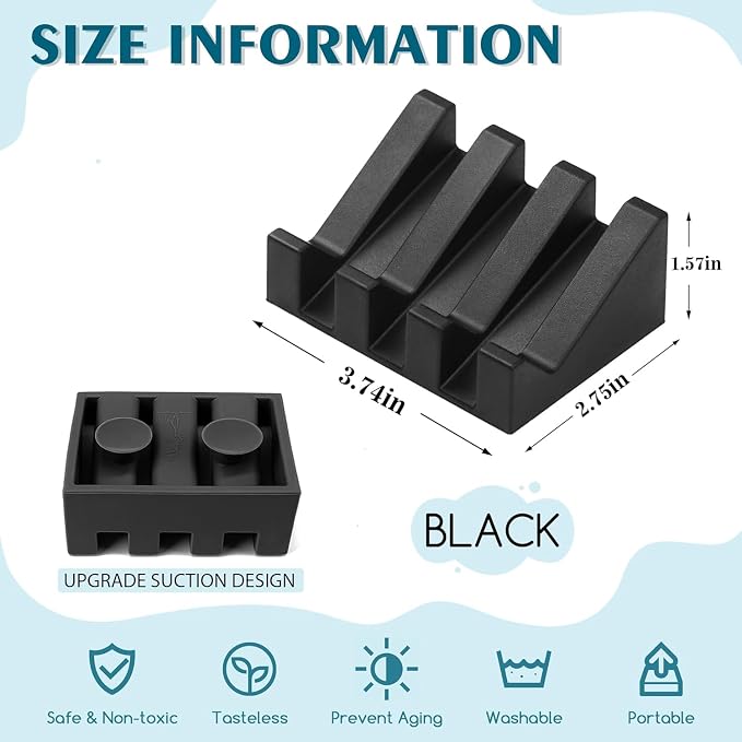 Silicone Soap Dish Self Draining with Suction Cups (Black, 1 Pack) | Waterfall drainage design drains fast to keep soap dry silicone soap saver with reusable suction cups for bathroom & kitchen