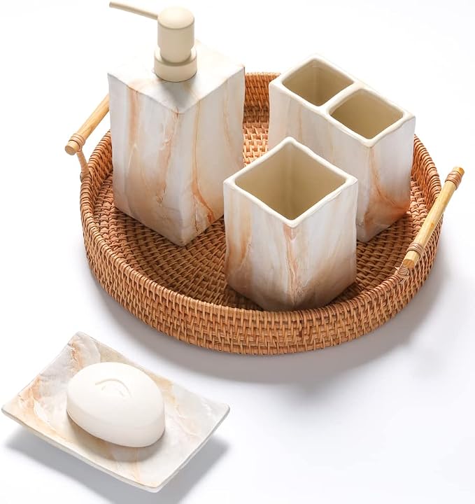 RQYIXI Ceramic 4-Piece Bathroom Accessories Set, Beige, Marble Design | marble look ceramic square design unique veining pattern modern countertop organization