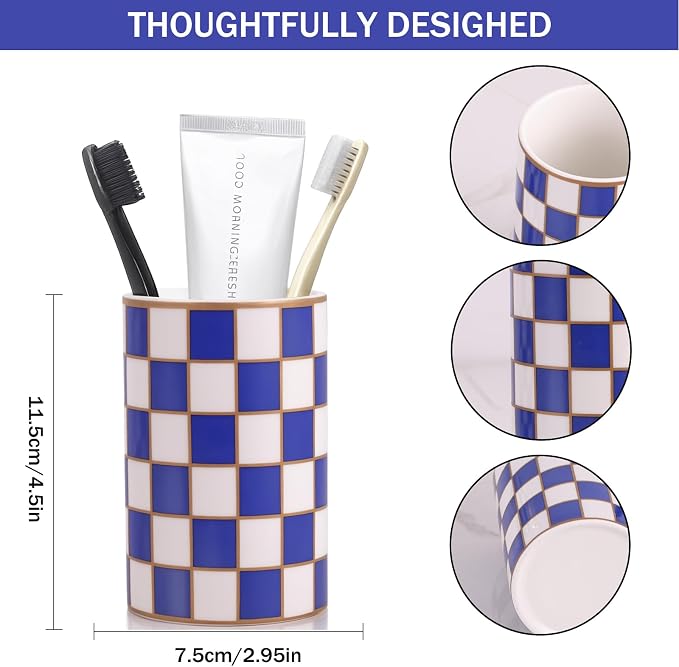 Checkered Bathroom Toothbrush Holder, Bathroom Black and White Ceramic Toothbrush Holder, Modern Toothbrush Box, Used for Bathroom countertop Storage Rack, Checkered Bathroom Decoration (Blue)
