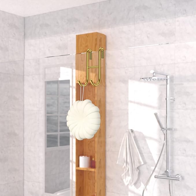 Shower Door Hooks (3-Pack), Towel Hooks for Bathroom Frameless Glass Door, Drill-Free Installation, Gold