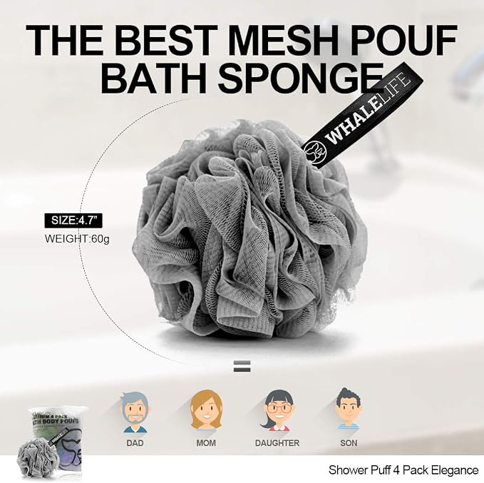Bath Loofah Sponge for Shower - Body Scrubber 4-Pack Gray Blue Green Purple | 10X Suds Save Body Wash Double Knotted Anti Tear Core Fast Dry Cotton Loop Stay Fresh Large Mesh for Sensitive Skin