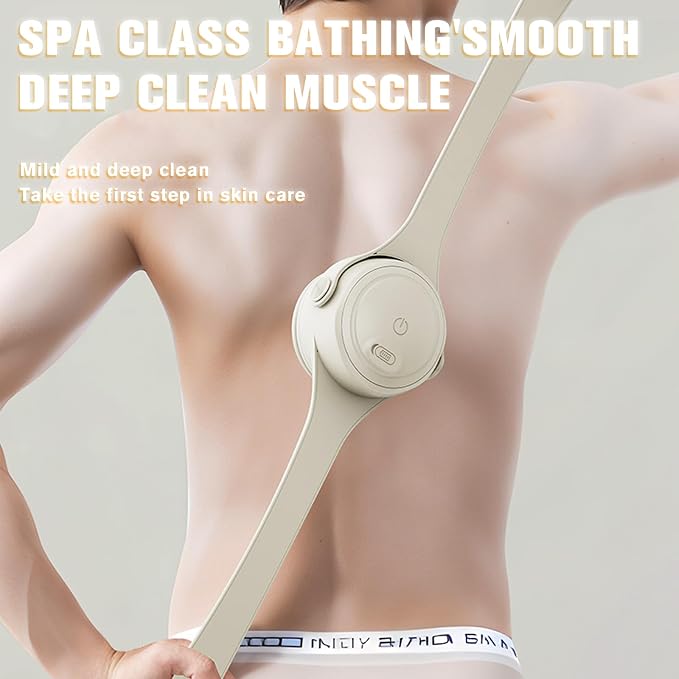 Electric Back Scrubber for Shower - Rechargeable Waterproof Body Exfoliator Brush with 4 Heads, Double Handles for Deep Cleaning & Skin Massag (Milk Coffee)