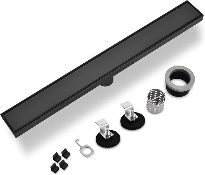 Linear Shower Drain ，with Tile Insert Panels ，28 Inch Black 304 Stainless Steel Rectangle Shower Floor Drain，with Hair Catcher, Adjustable Feet，Fits Bathroom, Balcony