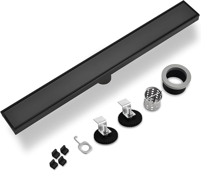Linear Shower Drain ，with Tile Insert Panels ，48 Inch Black 304 Stainless Steel Rectangle Shower Floor Drain，with Hair Catcher, Adjustable Feet，Fits Bathroom, Balcony