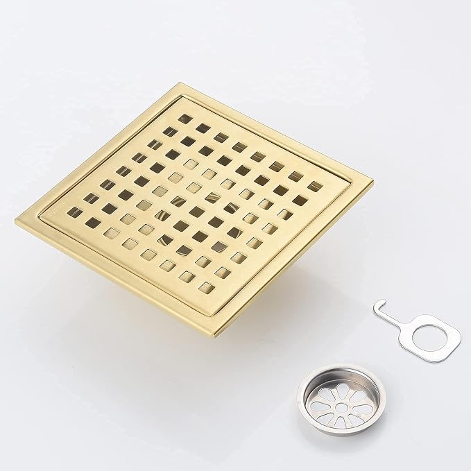 Square Shower Floor Drain Brushed Gold 6 Inch，Grille with Removable Cover,SUS304 Stainless Steel