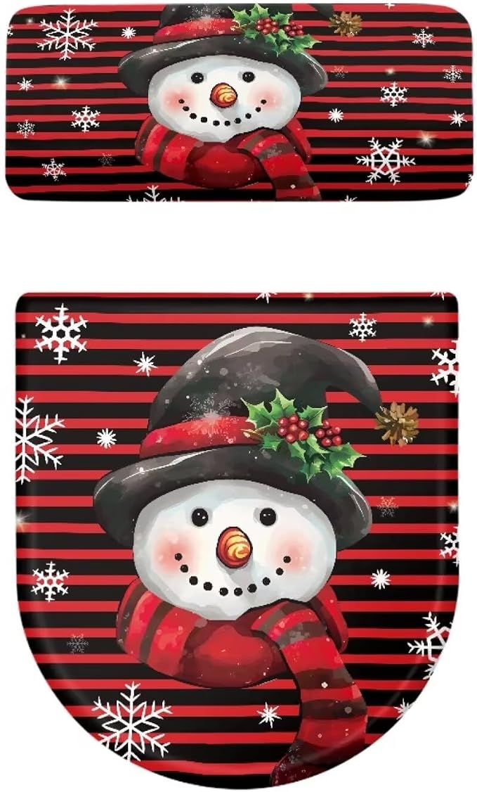 Christmas Toilet Lid Cover and Tank Cover Set of 2 Pack Cute Snowman Toilet Seat Cover Set Washable Toilet Tank Lid Cover Christmas Decor