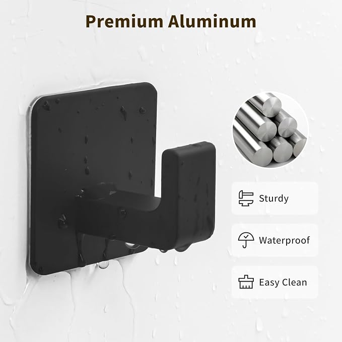 GWAAZXGZ Square Self Adhesive Towel Hooks - 4 Pack Matte Black Metal Hooks, Right-Angle Design for Towels, Robes & Hats, Organize Bathroom, Kitchen, Entryway, Doors, Cabinets on Smooth Surfaces