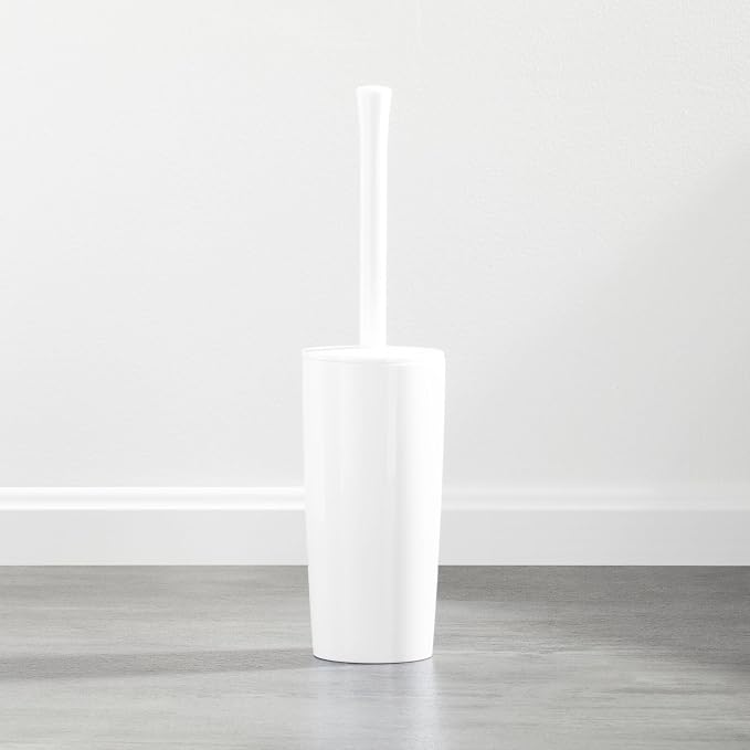 mDesign Slim Plastic Toilet Bowl Brush and Holder Set, Modern Compact Storage Organizer Cleaner Scrubber for Toilet - Heavy Duty Cleaning Plunger for Bathroom, Aura Collection - White