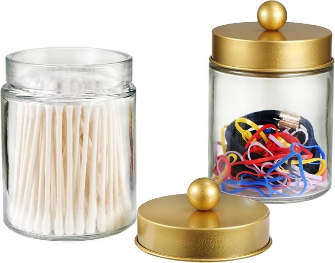 SheeChung 3 Pack Glass Qtip Holder with Gold Stainless Steel Lids | Apothecary Jars with Stickers, Countertop Canister Guest Bathroom Storage Organizer Set for Cotton Swabs/Balls, Floss Picks