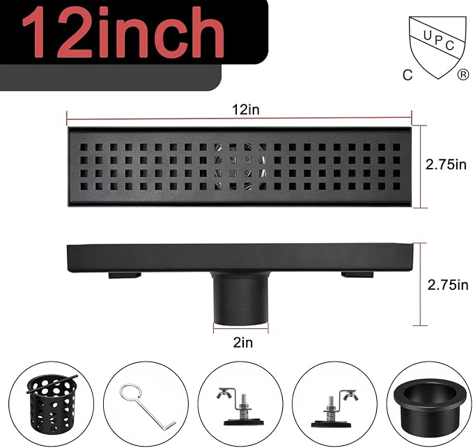 12 Inch Linear Shower Drain with Accessories, Rectangular Floor Drain 304 Stainless Steel Quadrato Pattern Removable Cover Matte Black