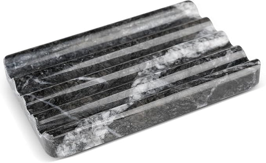 Karibiber Marble Soap Dish, Bar Soap Holder Shower, Black Soaps Bathroom Saver with Water Ripple Design, Easy Cleaning Natural Stone Sponge Holder for Kitchen Sink, Executive Jewelry Ring Tray