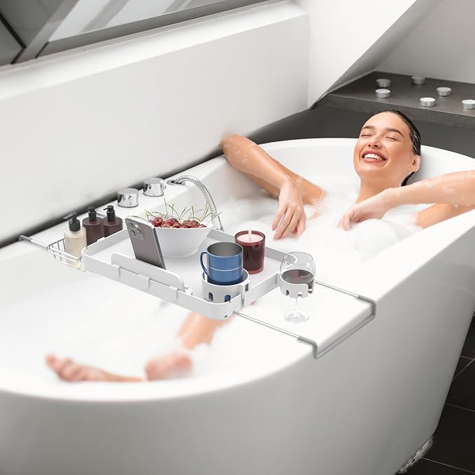 Bathtub Tray for Large Soaking Tub Table Tray Expandable Tub Shelf for Bathtub Caddy Bath Shelf Over Tub Luxury Bath Board Book Holder with Removable 2 Cup Holder Phone Metal Shower Caddy Basket White