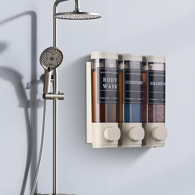 Shampoo and Conditioner Dispenser,Shower Soap Dispenser 3 Chamber No Drill Wall-Mounted Shampoo Dispenser for Shower Wall Mounted Shower Dispenser for Bathroom Hotel Large Capacity,Light Gray