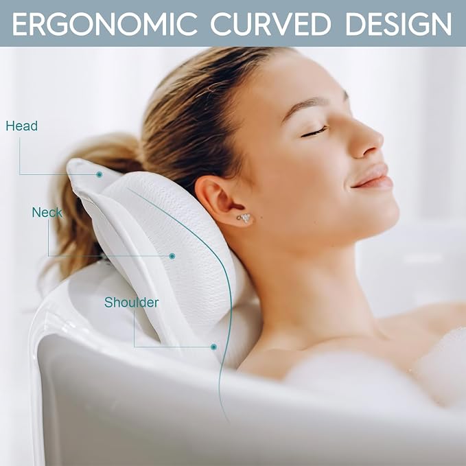 Spa Bath Pillow for Tub — Bathtub Pillow for Head Neck & Back Support, Ergonomic 4D Air Mesh, 6 Suction Cups (Smooth Tubs Only), Machine Washable with Laundry Bag
