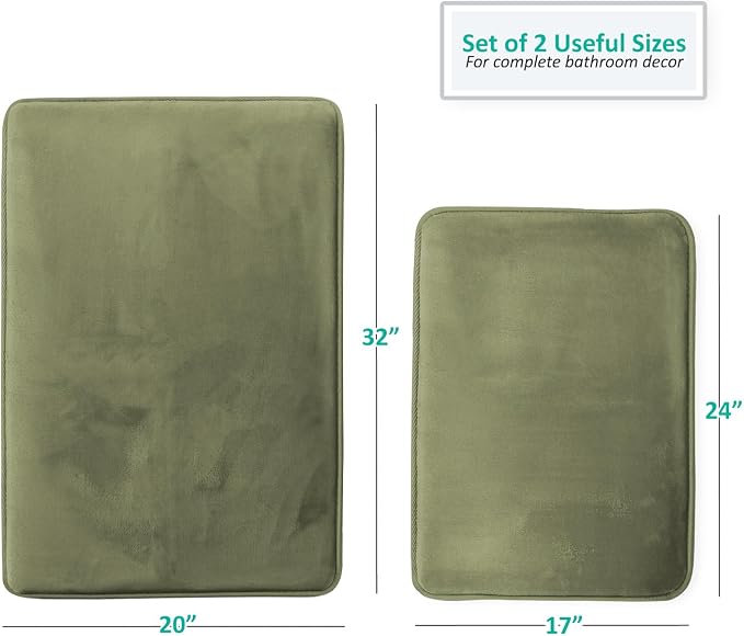 Clara Clark 2 Piece Bathroom Rugs Bath Mat Set, Velvet Memory Foam Bath Mats for Bathroom - Non-Slip, PVC Backing Bath Rugs, Washable - Dries Quickly, Green