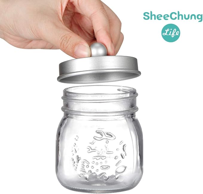 SheeChung 2 Pack Glass Mason Jar Qtip Holder Dispenser,Frosted Silver Lids | Clear Apothecary Jar,Stainless Steel Lids,Small Bathroom Jars Canisters,Vanity Storage Organizer for Cotton Swabs,Balls,Floss