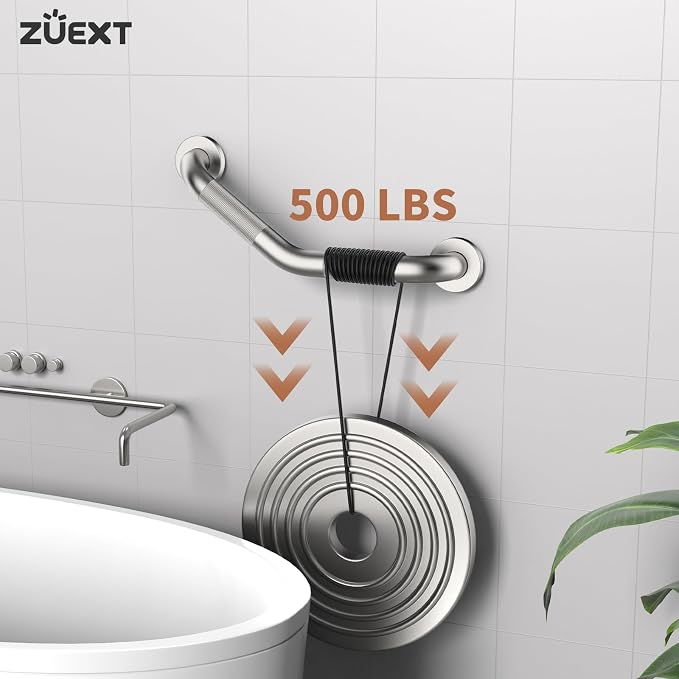 16 Inch Angled Grab Bar 2 Pack, ZUEXT Anti Slip Shower Grab Bar, Brushed Nickel Stainless Steel Knurled Bathroom Balance Bar, Safety Handrail Support,Handicap Elderly Injury Senior Assist Bath Handle