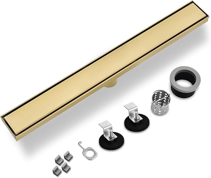 Linear Shower Drain ，with Tile Insert Panels ，24 Inch Brushed Gold 304 Stainless Steel Rectangle Shower Floor Drain，with Hair Catcher, Adjustable Feet