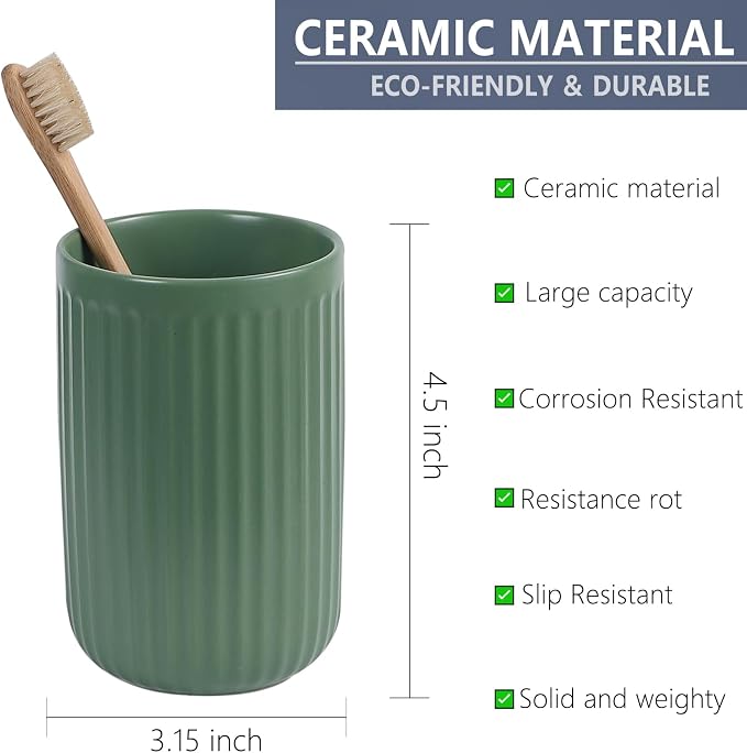 Green Toothbrush Holders for Bathrooms - 2 Cups Ceramic Toothbrush Toothpaste Holders Set, Green Bathroom Tumbler Cups Reusable Toothbrush Mouthwash Cup, Bathroom Counter Organizer.