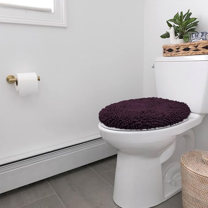 LuxUrux Toilet Lid Cover, Extra-Soft Plush Seat Washable Shaggy Microfiber Standard Toilet Lid Covers for Bathroom Machine Wash & Dry. (18 x 21 inches, Plum)