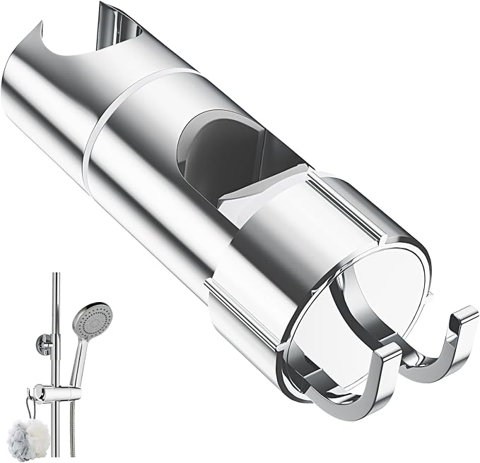 Shower Head Holder with 2 Hooks for 20.5-23.5mm Showerhead, Adjustable Shower Head Bracket for 16-27mm Sliding Rod, Chrome Plated Shower Holder Replacement