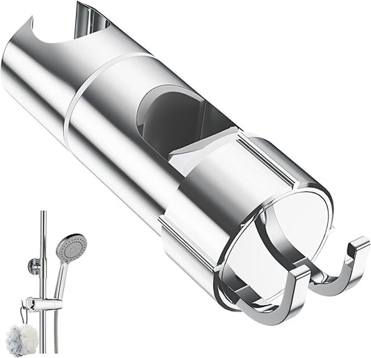 Shower Head Holder with 2 Hooks for 20.5-23.5mm Showerhead, Adjustable Shower Head Bracket for 16-27mm Sliding Rod, Chrome Plated Shower Holder Replacement